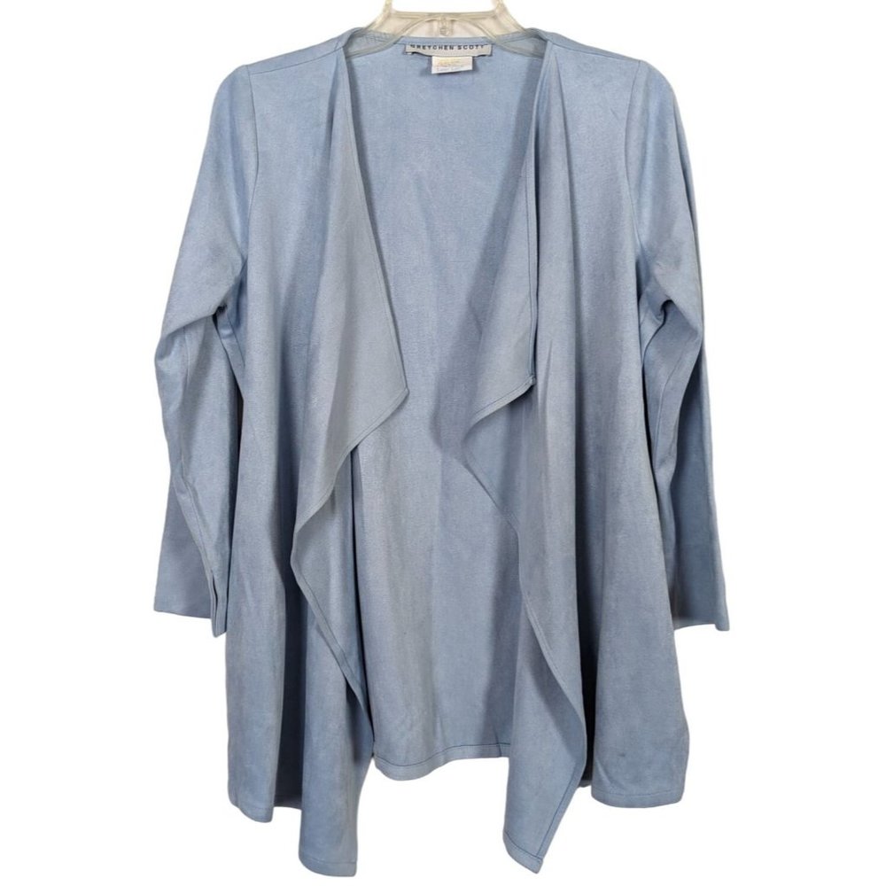 Gretchen Scott long‎ sleeve blue faux suede waterfall open cardigan S - Picture 6 of 7